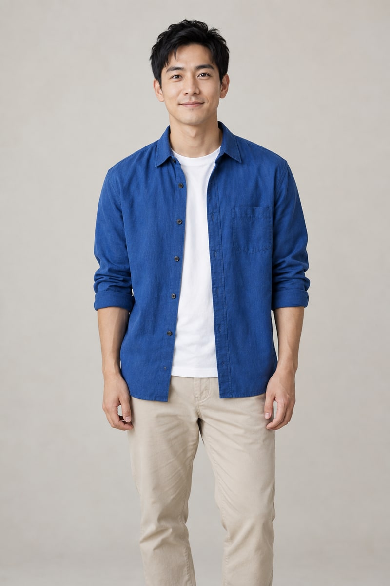 Input photo 1: fictional man in a blue overshirt