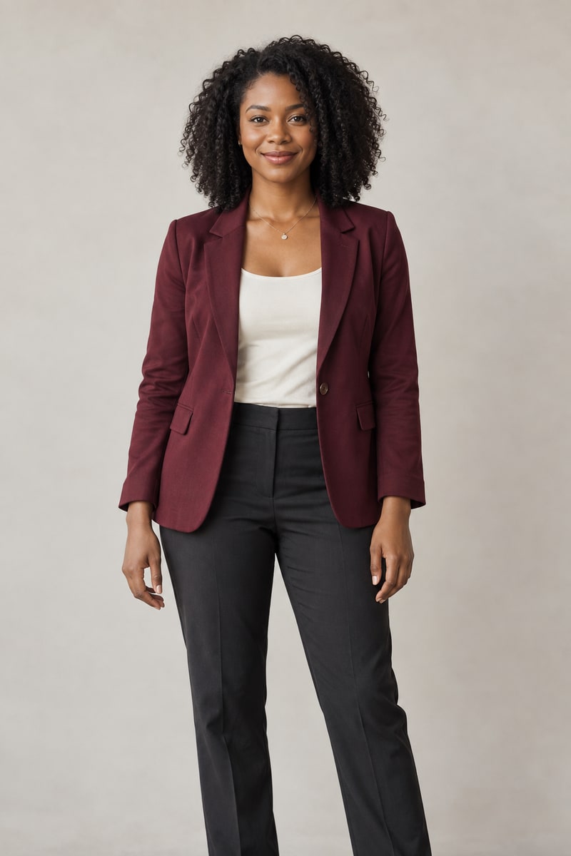 Input photo 2: fictional woman in a burgundy jacket